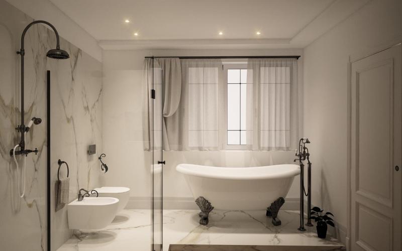 Progetto di bagno con grandi lastre in grès effetto marmo calacatta