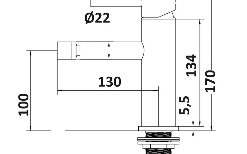 Schema tecnico con misure del miscelatore bidet ark1