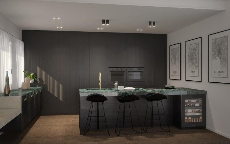 cucina moderna eclettica nera e verde effetto marmo