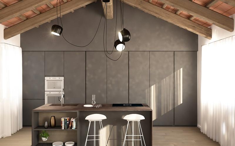 Progetti cucine moderne per mansarda con tetto a vista