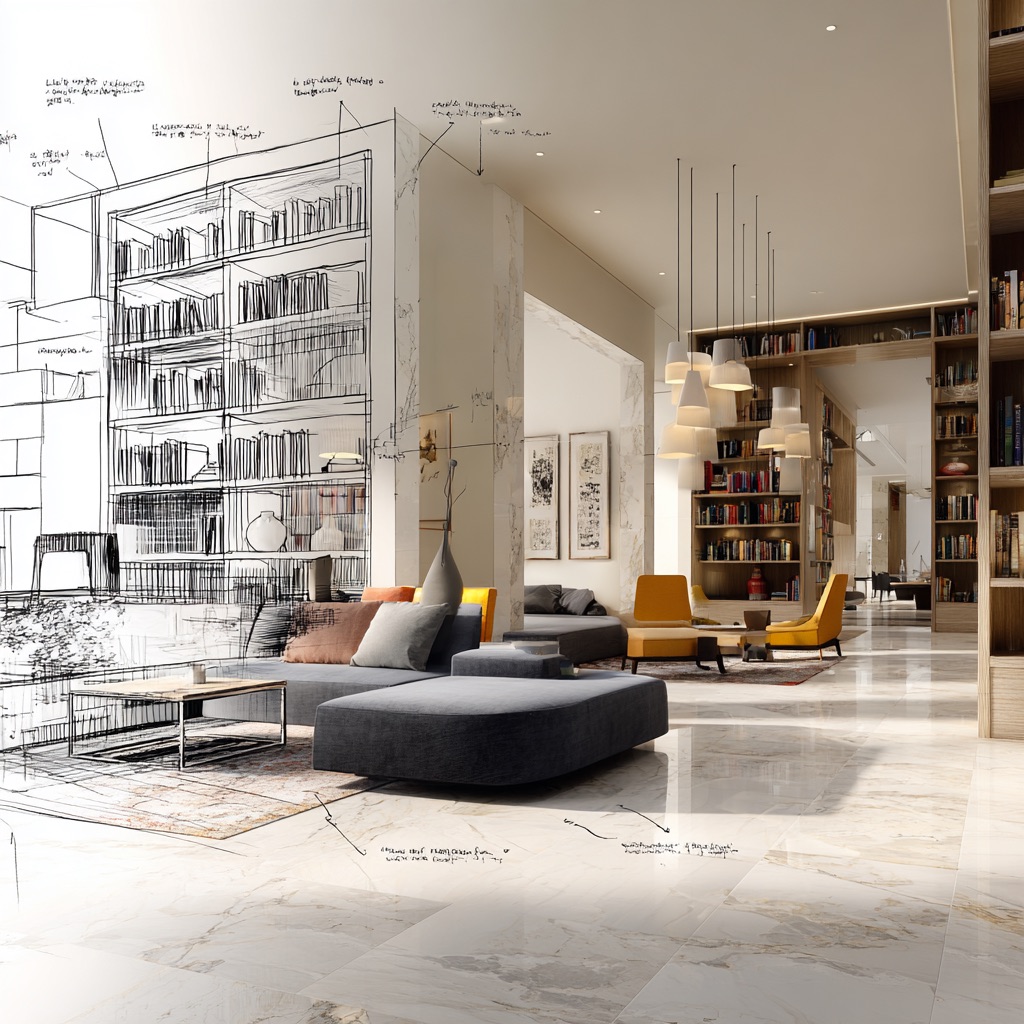 Librerie per abitazioni moderne con sfondo in grès porcellanato
