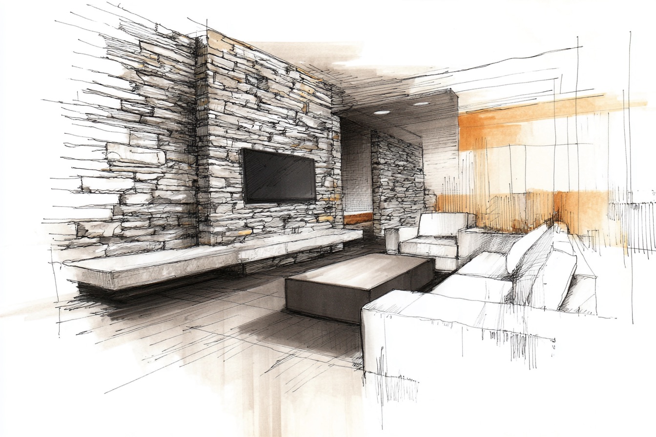 Rivestimento in pietra dietro alla tv in soggiorno