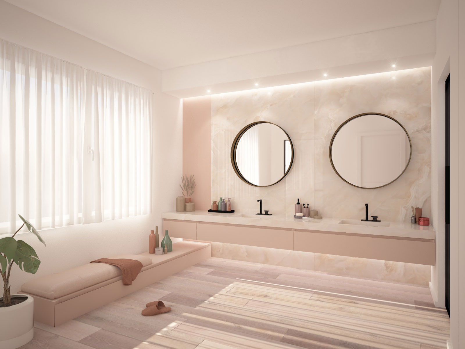 Bagno moderno di colore rosa cipria a Vicenza